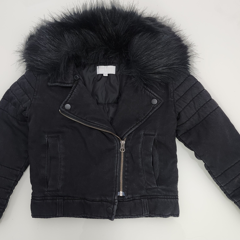 Bella Dahl Kids Black Puffer/Jean/Moto Jacket with Faux Fur Trim